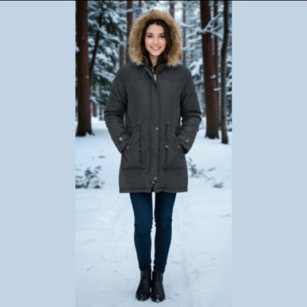 Beyove Coat Charcoal Hooded Parka Utility Cargo Faux Fur Trim & Lining Women’s M - Picture 13 of 16
